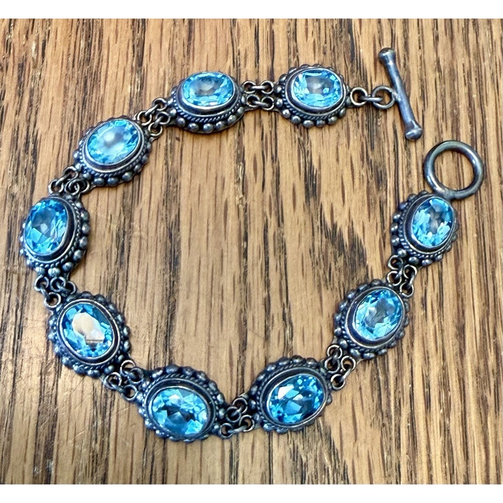 Vintage BA Suarti 925 BA Sterling Silver Faceted Blue Topaz Toggle Bracelet EUC